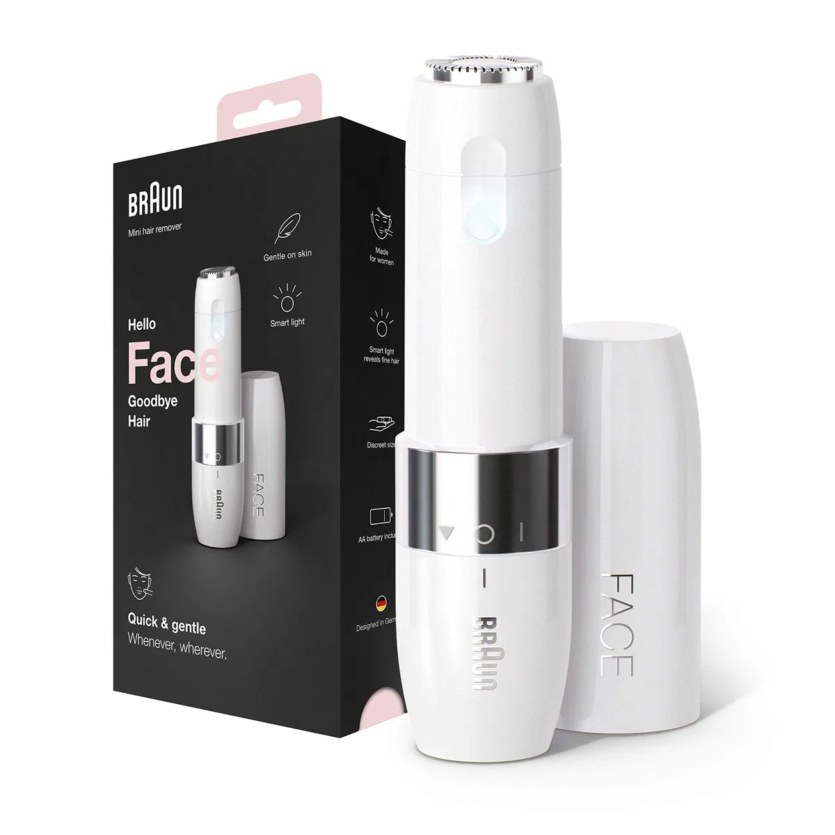 Braun Face Mini-Haarentferner, Elektrischer Gesichtshaarentferner, FS1000, Weiß - Ladyshaver, Kleiner Rasierer für eine schnelle, sanfte Rasur an Oberlippe, Kinn & Wangen für unterwegs mit Smartlight