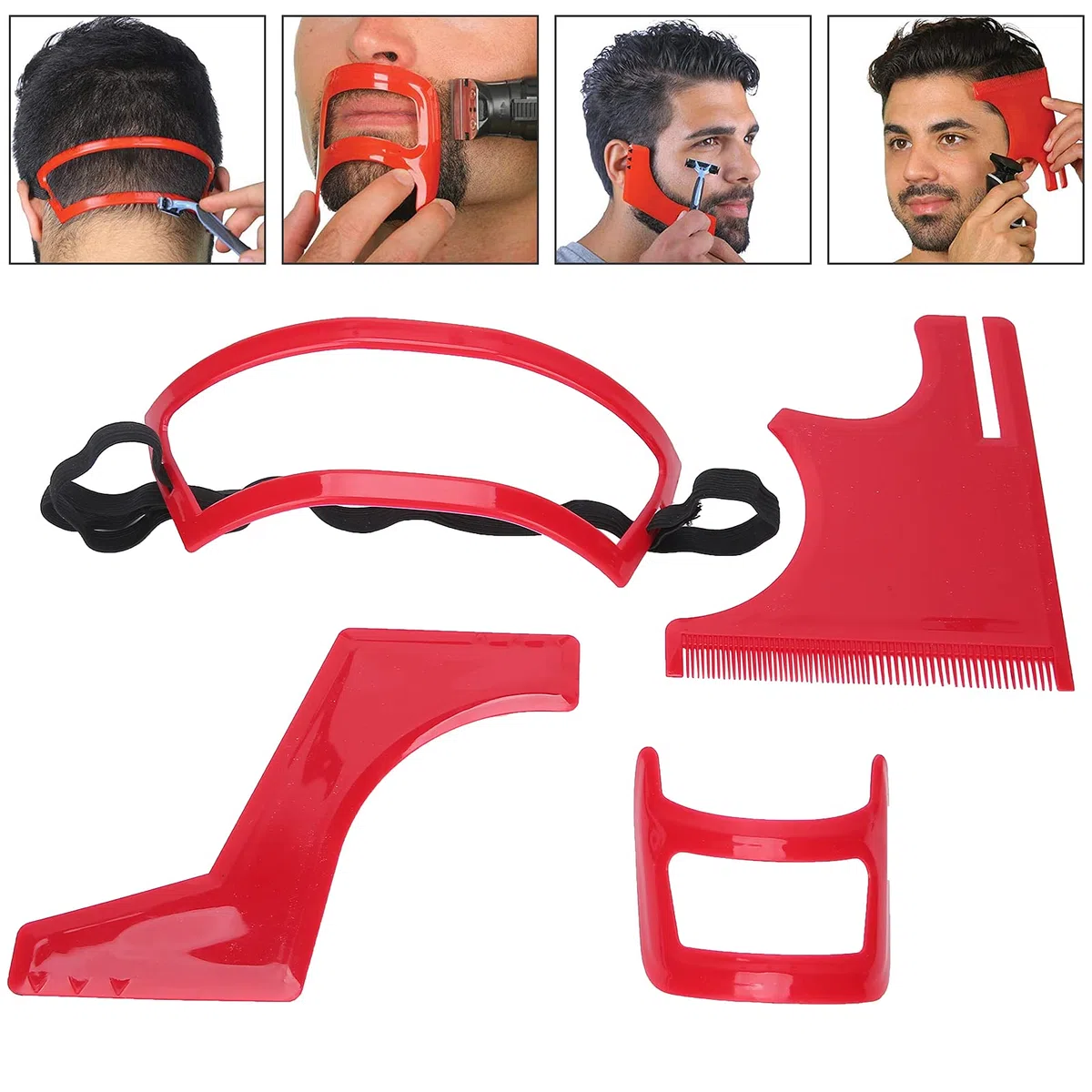 Bartstyling-Set – Rote Kunststoff-Bartstyling-Schablonen für präzises Styling mit 4 verschiedenen Schablonen für Spitzbart, Nackenpartie und Haaransatz