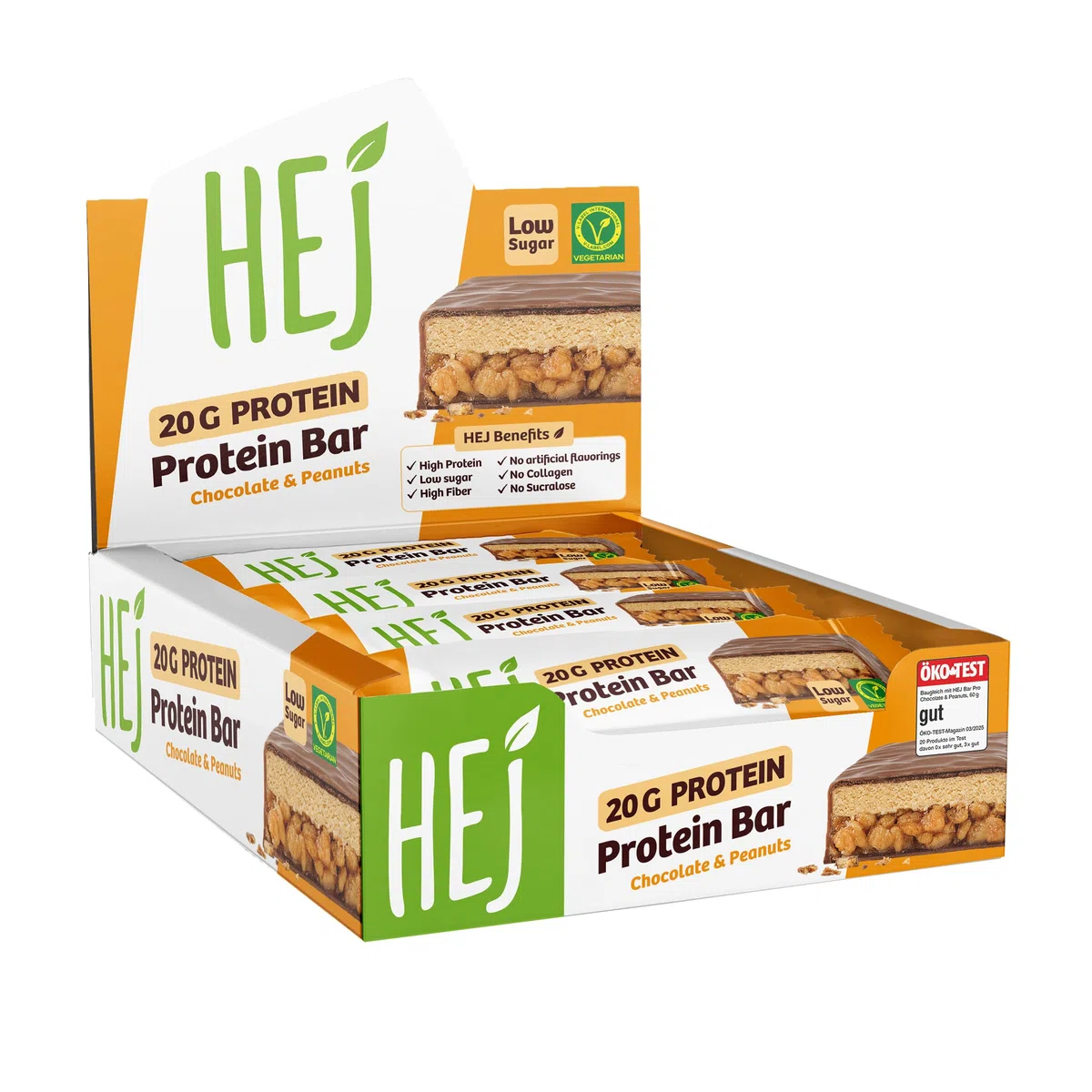 HEJ 20g Protein Bar Chocolate & Peanuts 12x60g – Proteinriegel mit 20g Protein pro Riegel – Low Sugar Eiweißriegel – Vegetarisch & ohne Palmöl – Ohne Zuckerzusatz & ohne künstliche Aromen