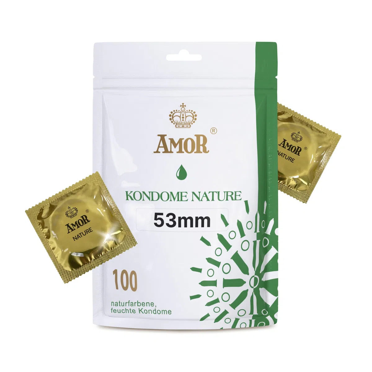 AMOR NATURE 53 mm Kondome 100er Pack | Premium naturfarben | Gefühlsecht hauchzart | 0,07 mm Wandstärke
