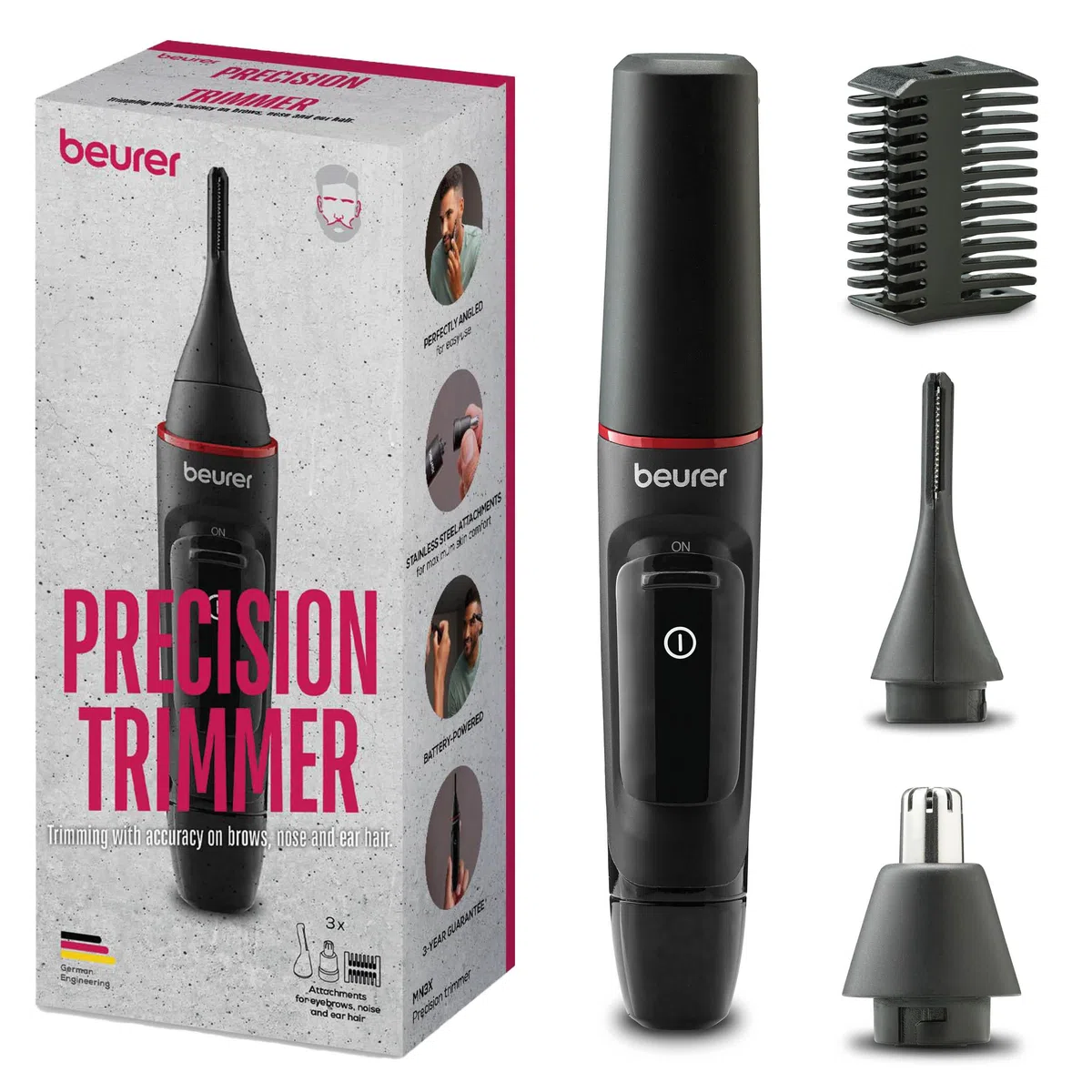 Beurer MN3X Präzisionstrimmer, batteriebetriebene Haarschneidemaschine, 3 hochwertige Aufsätze, Trimmer zum Formen und Trimmen von Nasen-, Ohren- & Augenbrauenhaaren, wasserdicht