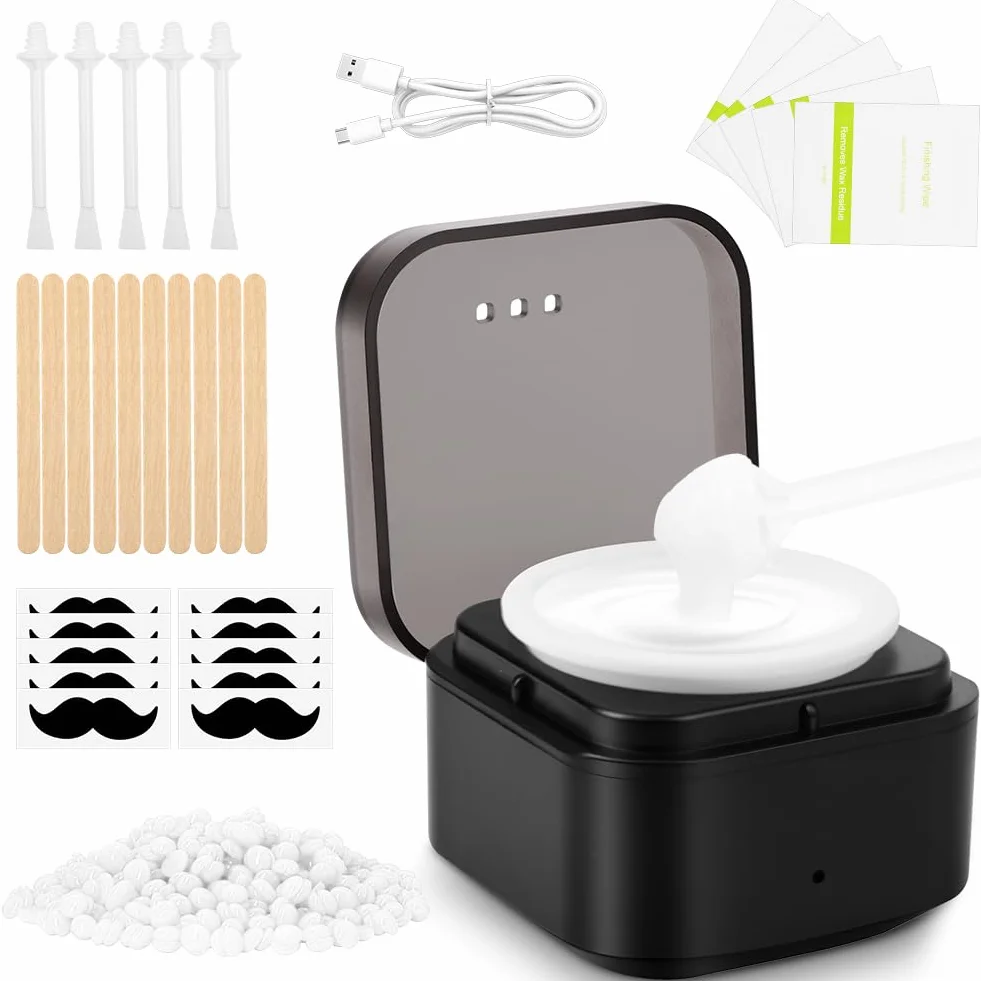 Waxing Set, Wax Maschine Set, Wachsschmelzer Wachsgerät zur haarentfernung, Warmwachs Haarentfernung mit Wax Perlen, Warm Wachsgerät für Gesicht und Körper (Quadratisch, Schwarz)