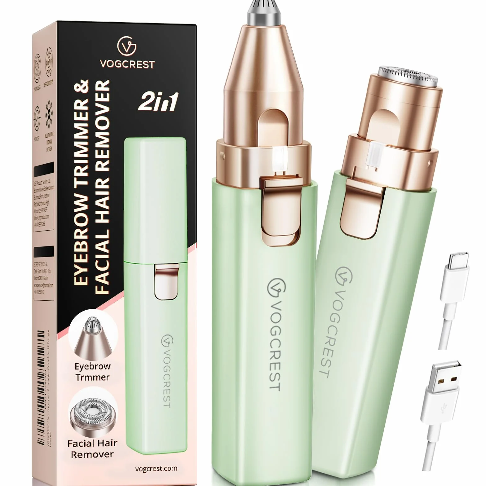 VOGCREST Haarschneider, 2-in-1 Gesichtshaarentferner und Augenbrauentrimmer für Frauen - wiederaufladbar, tragbar, mit LED-Licht