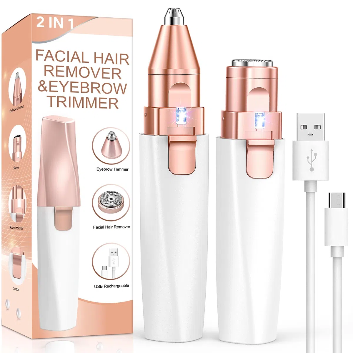 Augenbrauenrasierer und Gesichtshaarentferner für frauen elektrisch: 2-in-1 Damenrasierer Gesicht, Augenbrauen Trimmer und Gesichtsrasierer für damen, Vinmall epilierer damen gesicht für unterwegs