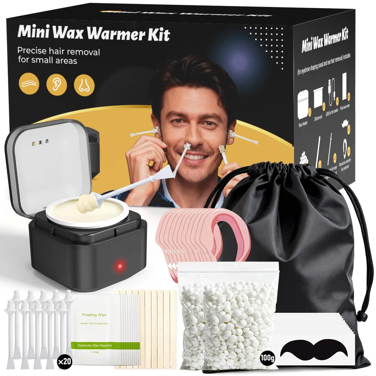 Nasenhaarentferner Nasenhaar Wachs, Nasen Waxing-set: Wachs Nasenhaare entfernen - Nasenwachs Männer Frauen, 100g Nasen Wax mit Mini Wachswärmer, 20 Stäbchen zur Ohr Nasen Augenbrauen Haarentfernung