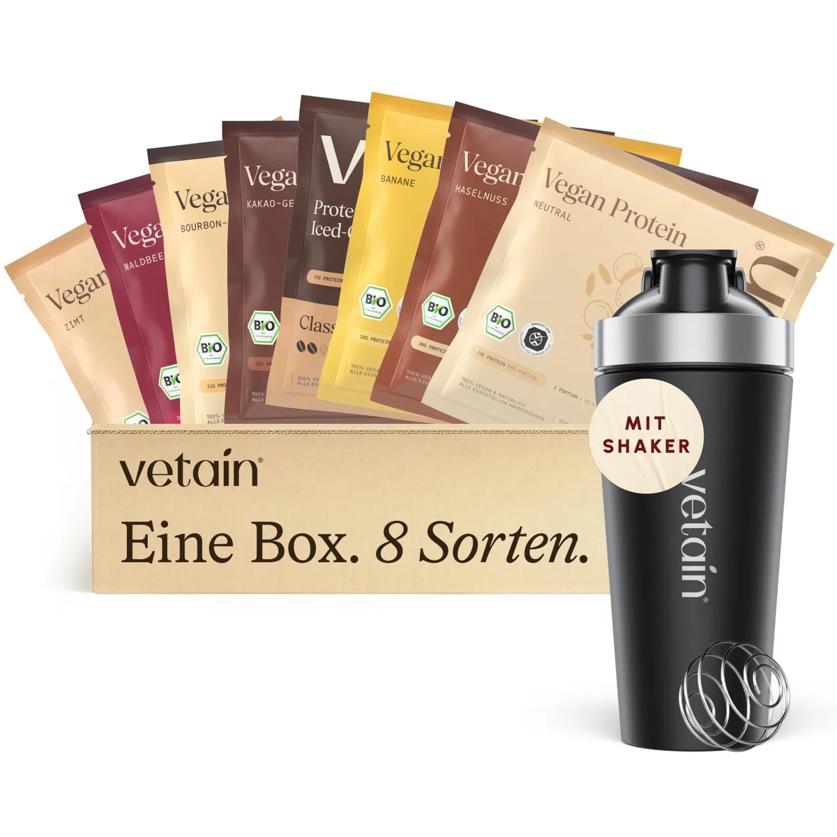 VETAIN Protein Pulver Probierset + Edelstahl Shaker - 23g Eiweiß - 8 x 30g - 4 Proteinquellen fermentiert Erbsen - Bio Veganes Proteinpulver - Ohne künstliche Süßungsmittel - NEUE REZEPTUR