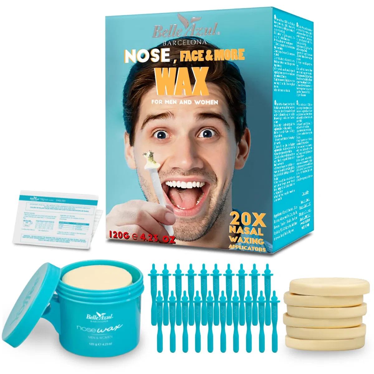 Belle Azul Nasenhaarentfernungs-Set mit Bienenwachs – 120 g + 20 Applikatoren – schnelle und schmerzfreie Haarentfernung für Damen und Herren – Made in Spain