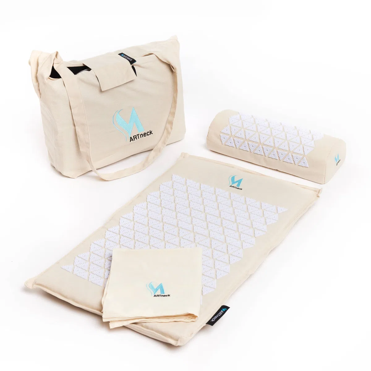 Akupressurmatte (Farbe Beige) - Das ORIGINAL von MARTneck - Natur Set Kokosfaser mit Kissen, Tuch und Tasche - Akupressurmatte zur Massage und Entspannung von Rücken und HWS